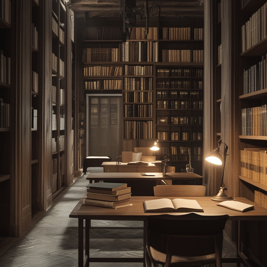 Geräumige, lichtdurchflutete Bibliothek mit hohen Bücherregalen aus dunklem Holz, einem großen Lesertisch mit Tageslichtlampe und Büchern über Anatomie und Bewegungswissenschaft