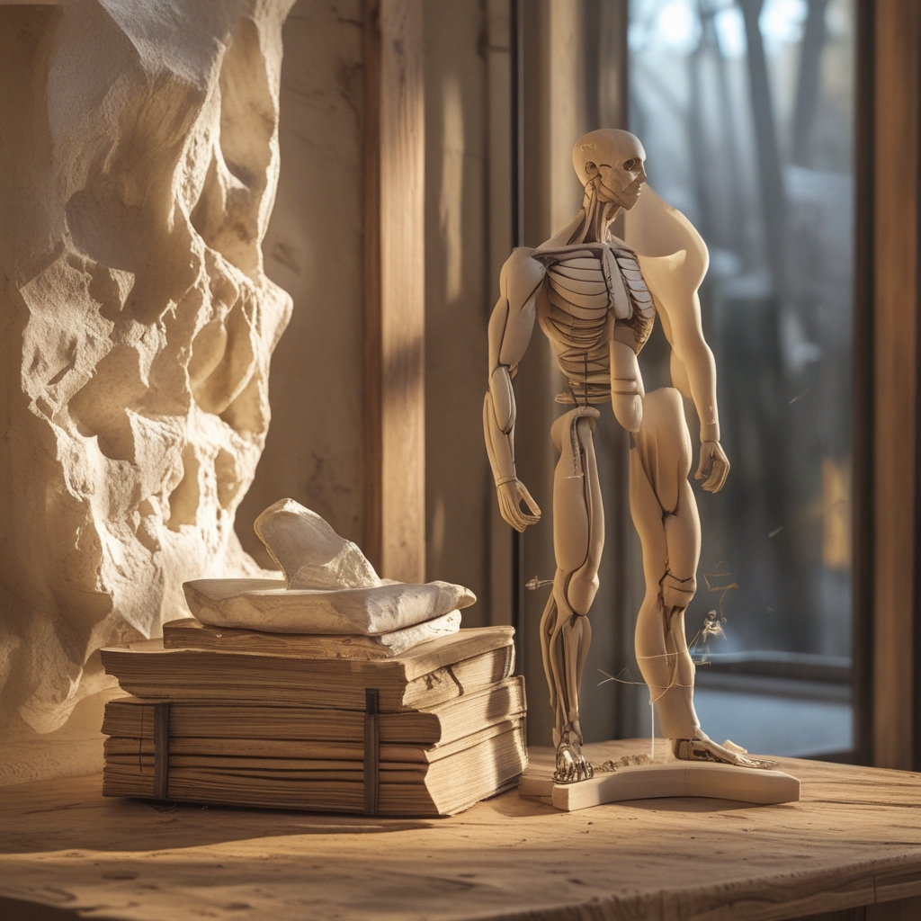 Detailaufnahme eines anatomischen Lehrmodells aus Kunststoff, das Muskeln und Skelettstrukturen zeigt, auf einem Holztisch in warmem Laborlicht, sachlich-wissenschaftlich