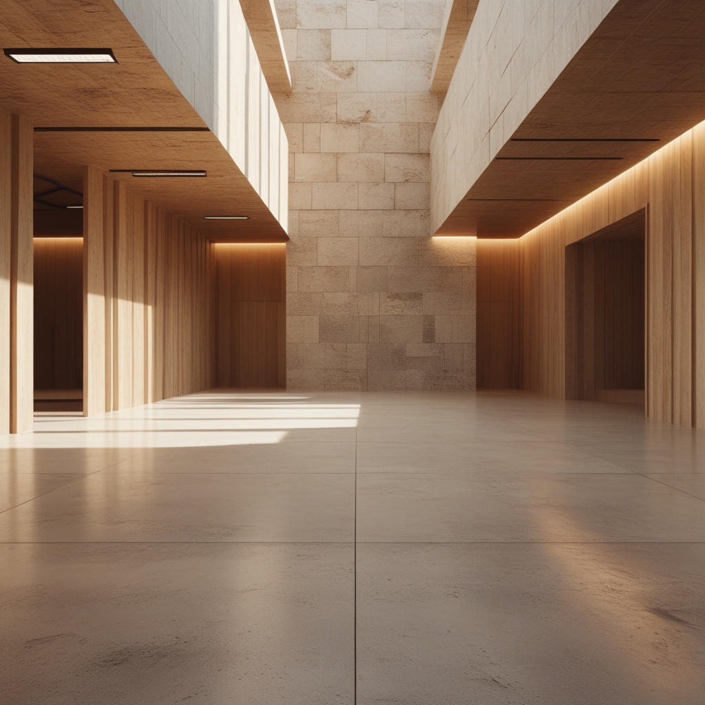 Ruhiger Innenraum einer Bewegungsstudio mit Holzdielen, einer Wand aus Naturstein und warmem Seitenlicht, das geometrische Schatten wirft — eine atmosphärische Stille vermittelnd